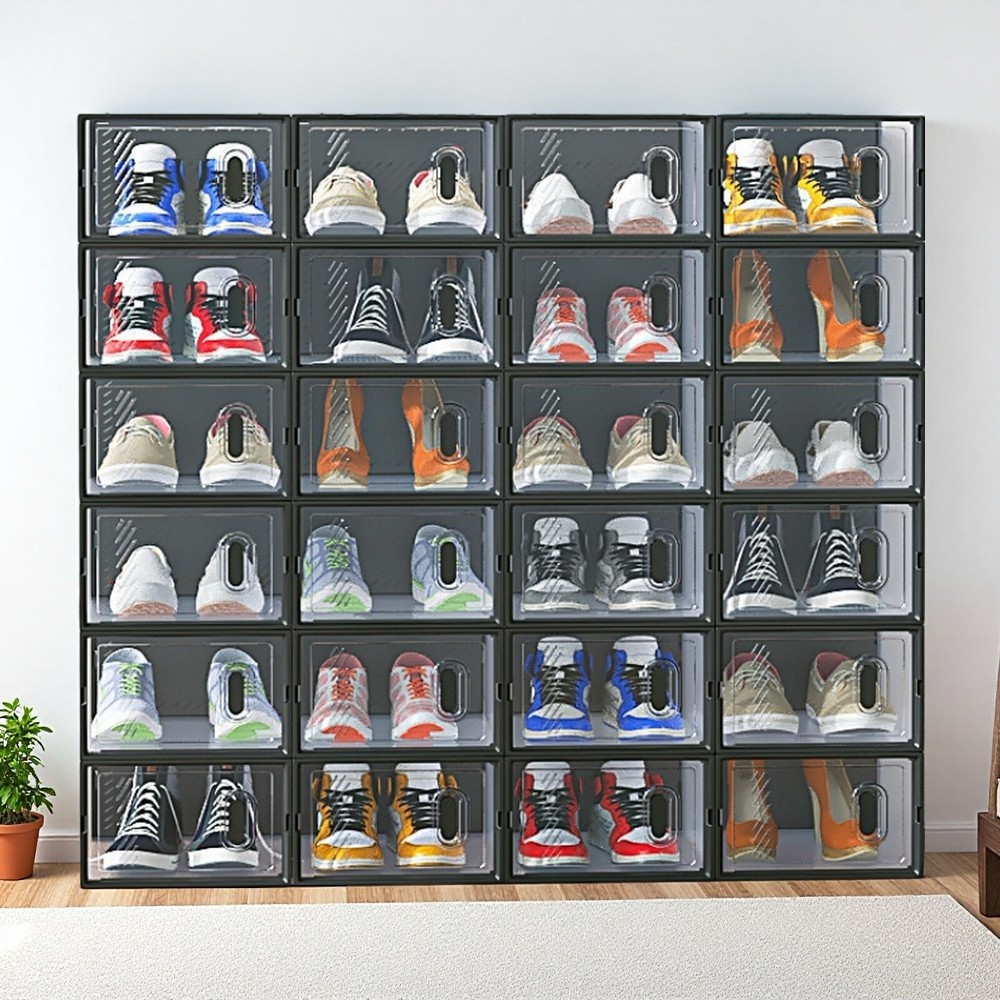 24-Pack Shoe Storage Boxes - Stackable, Door, Plastic Mesh, Black & Small Size