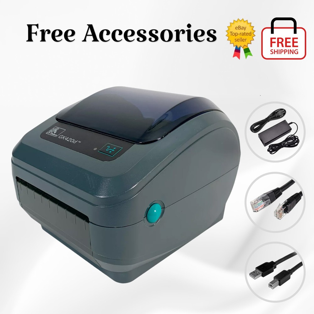 TESTED Zebra GK420d Direct Thermal Barcode Label Printer USB Ethernet BUNDLE