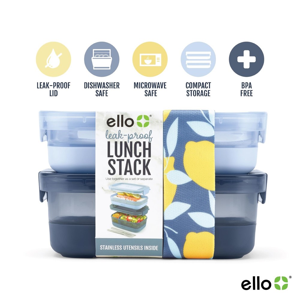 Ello 2-Pack Lunch Stack Plastic Food Storage Container 2 & 3 Cup, Blueberry