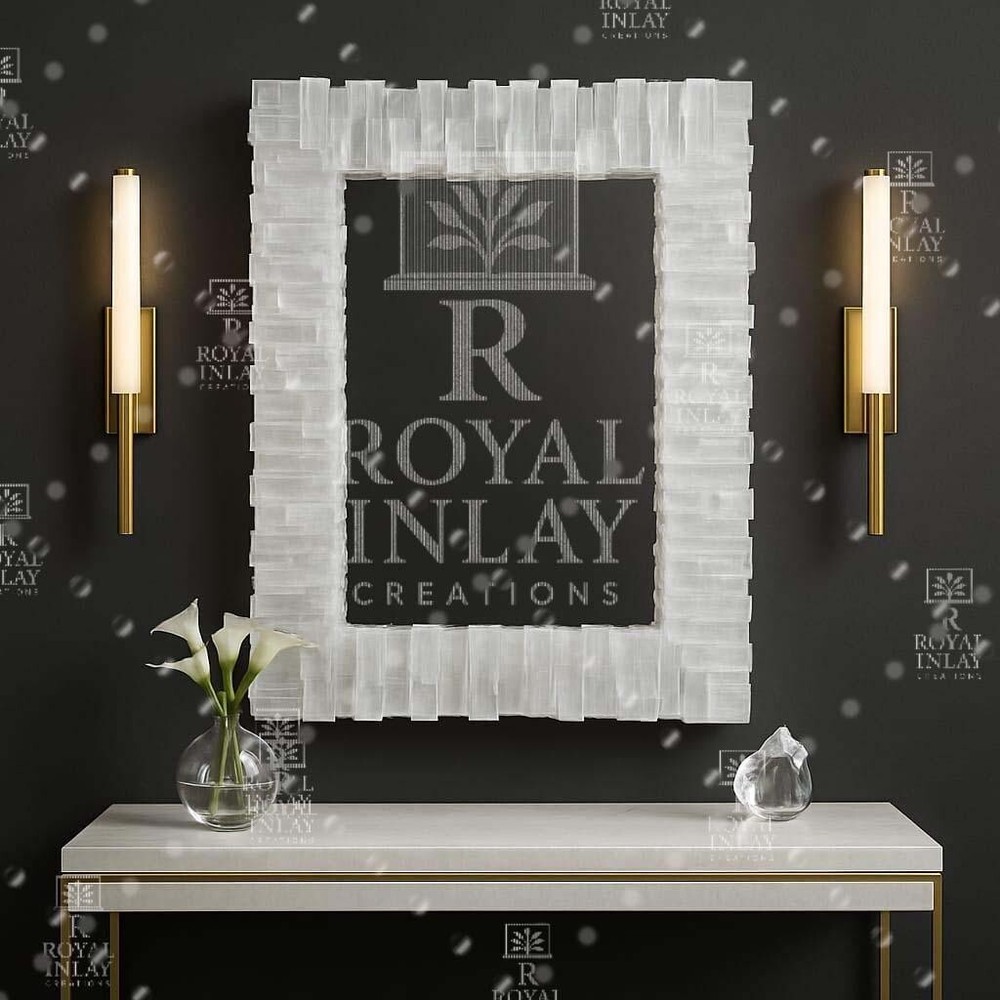 Rectangular Selenite Crystal Mirror – Gemstone Wall Art – Luxe Foyer Decor