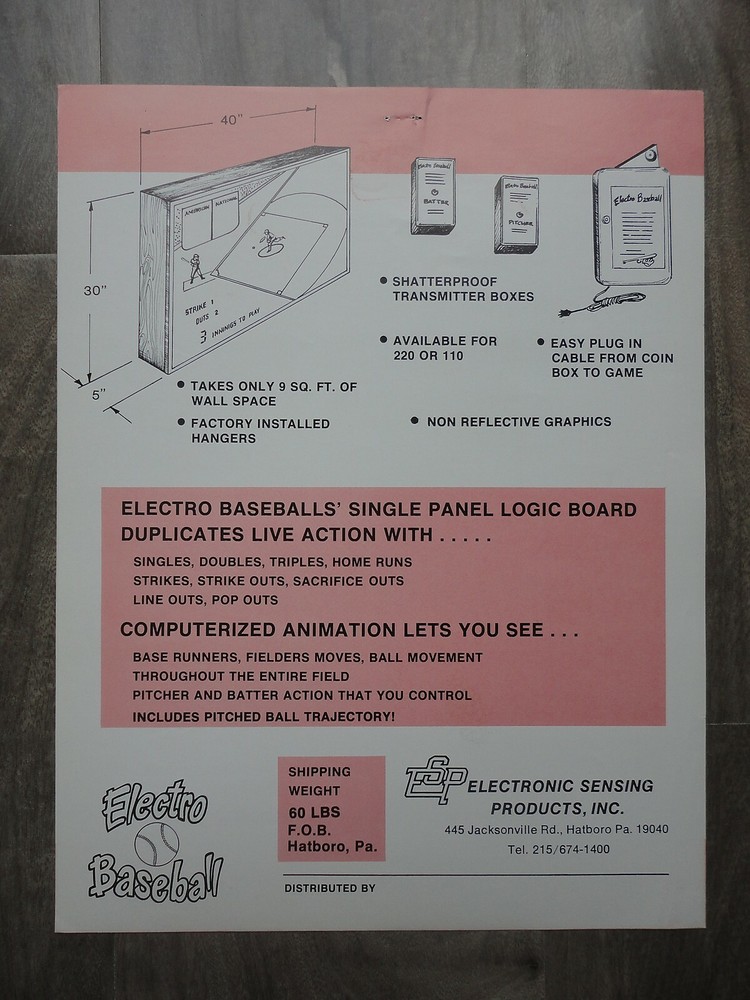 Electro Baseball Arcade Machine Flyer Original Brochure