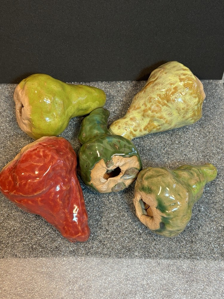 (5) Hand-Crafted Artisan Fruit Pear Unmarked Studio Glazed Pottery