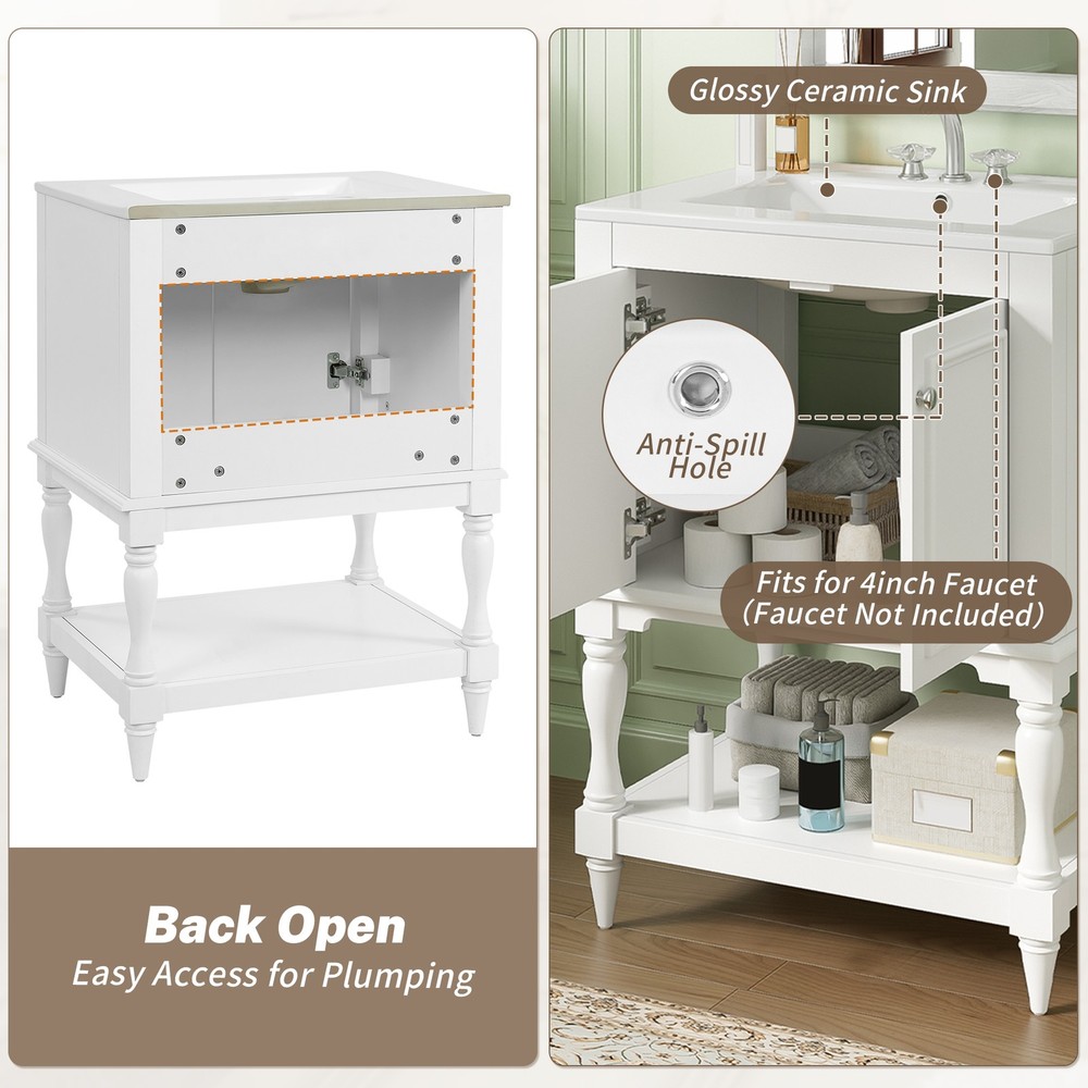 FUNIDEE 24" Luxury Bathroom Vanity Storage Cabinet with Ceramic Sink Combo White