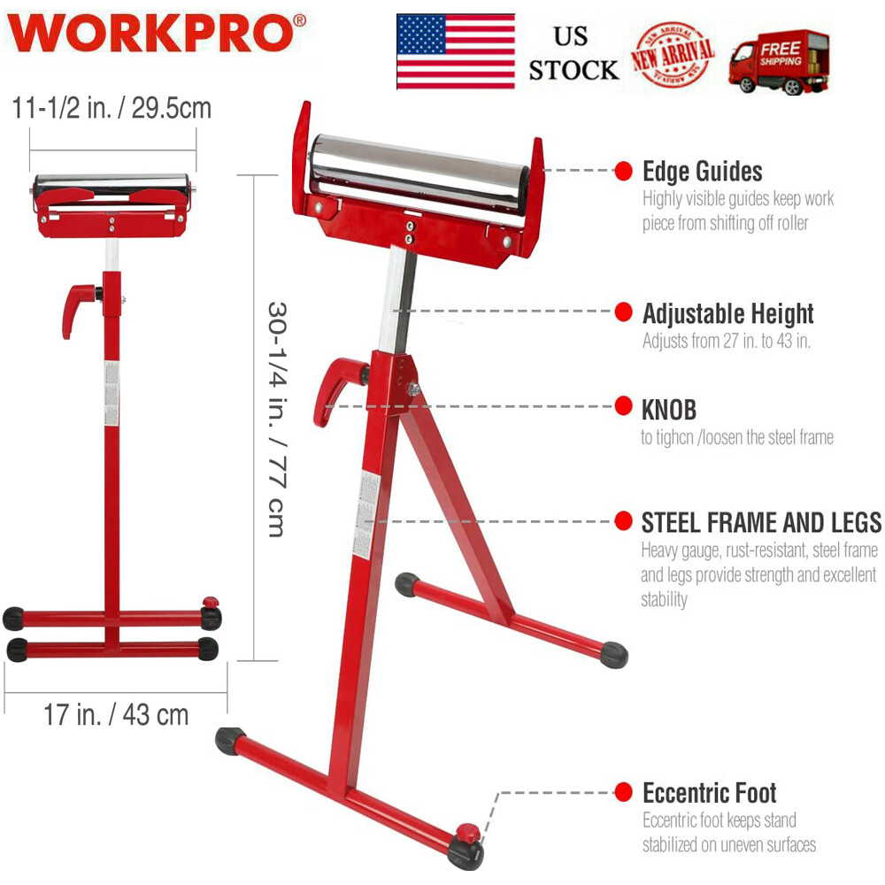 WORKPRO Folding Roller Stand Sawhorse Height Adjustable 250 Lbs Load Capacity