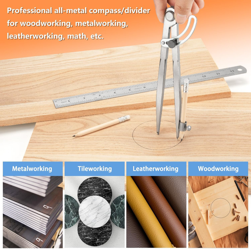 Woodworking Compass Geometry Tool - Professional Locking Drafting Compass with P