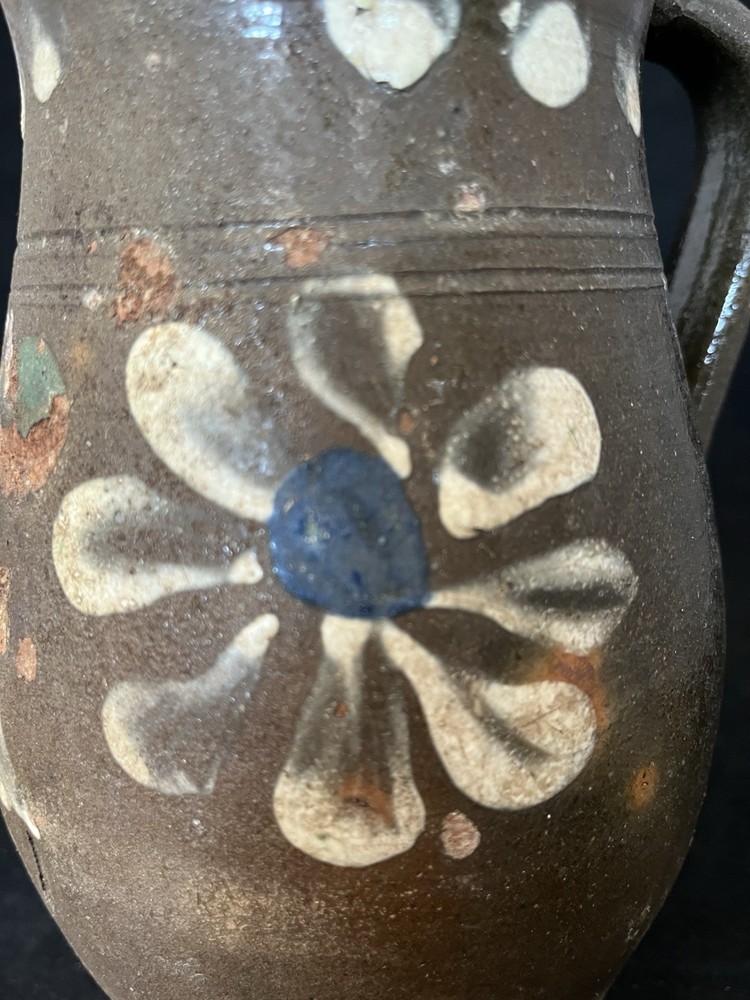 Fantastic Circa 1800’s Redware Milk Pitcher. Applied Handle Painted Florals.