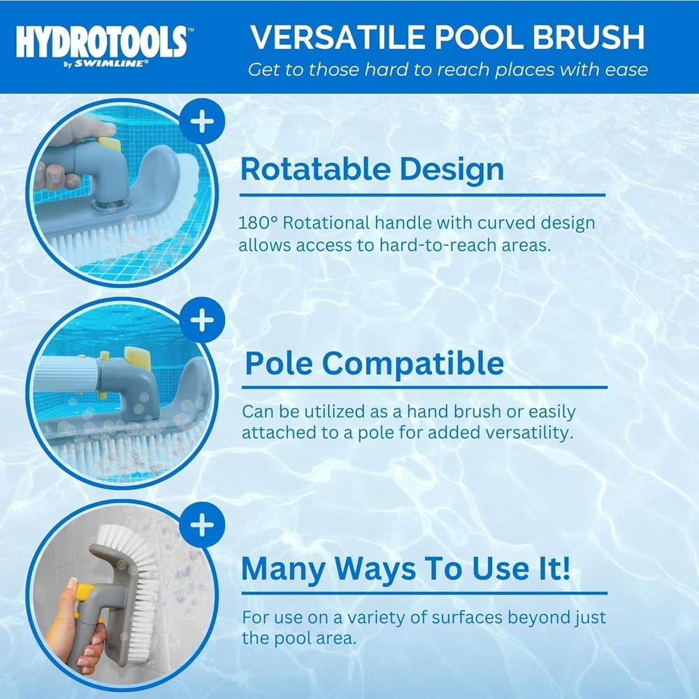 HydroTools Pool Wall & Step Brush 180° Rotating Corner & Inground Pool Cleaner