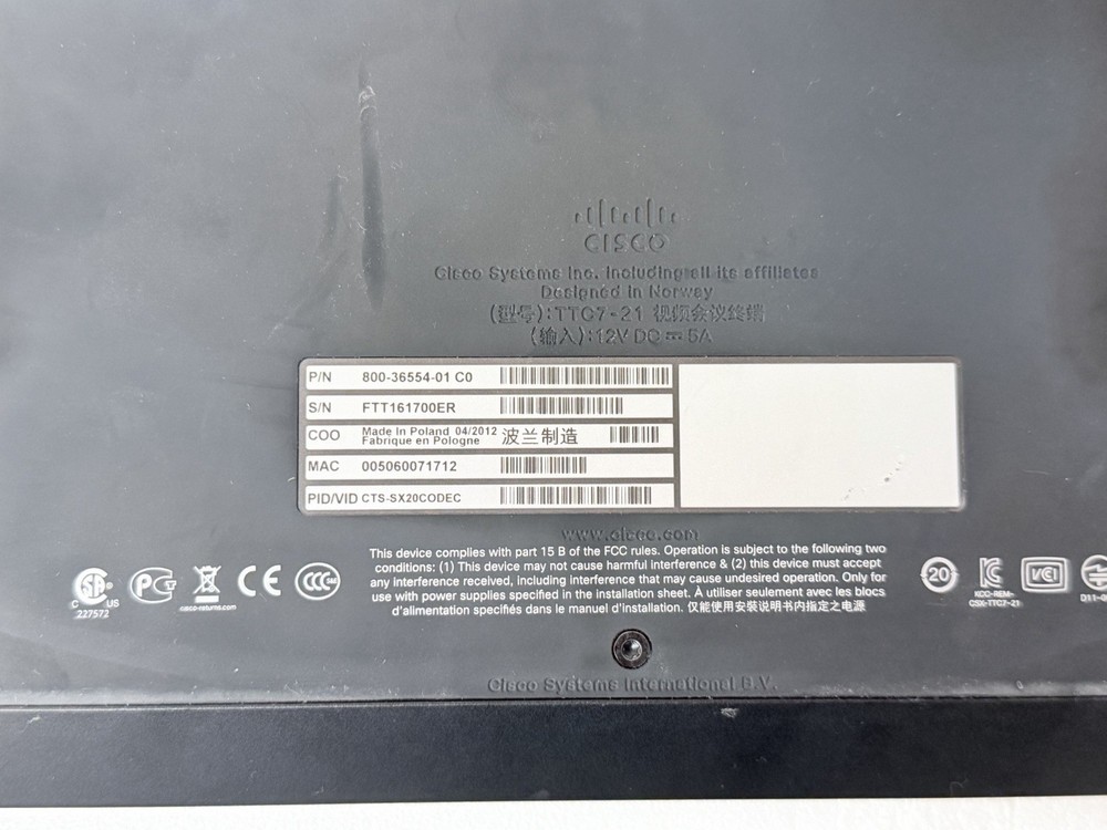 Cisco TelePresence SX20 Codec Video Teleconferencing System