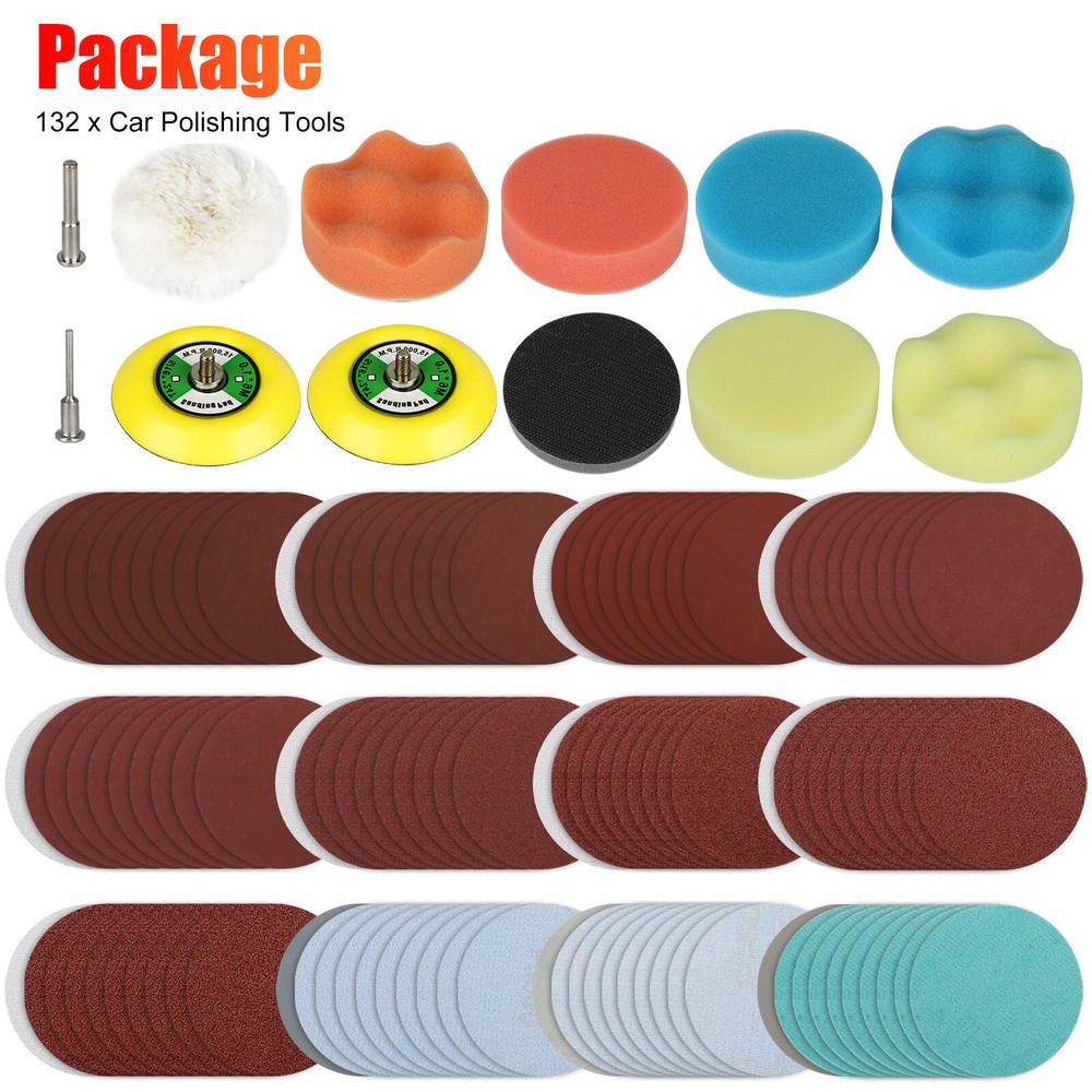 132Pcs 3" Sanding Discs Foam Buffering Sponge Pad Sander Paper + Drill Adapter