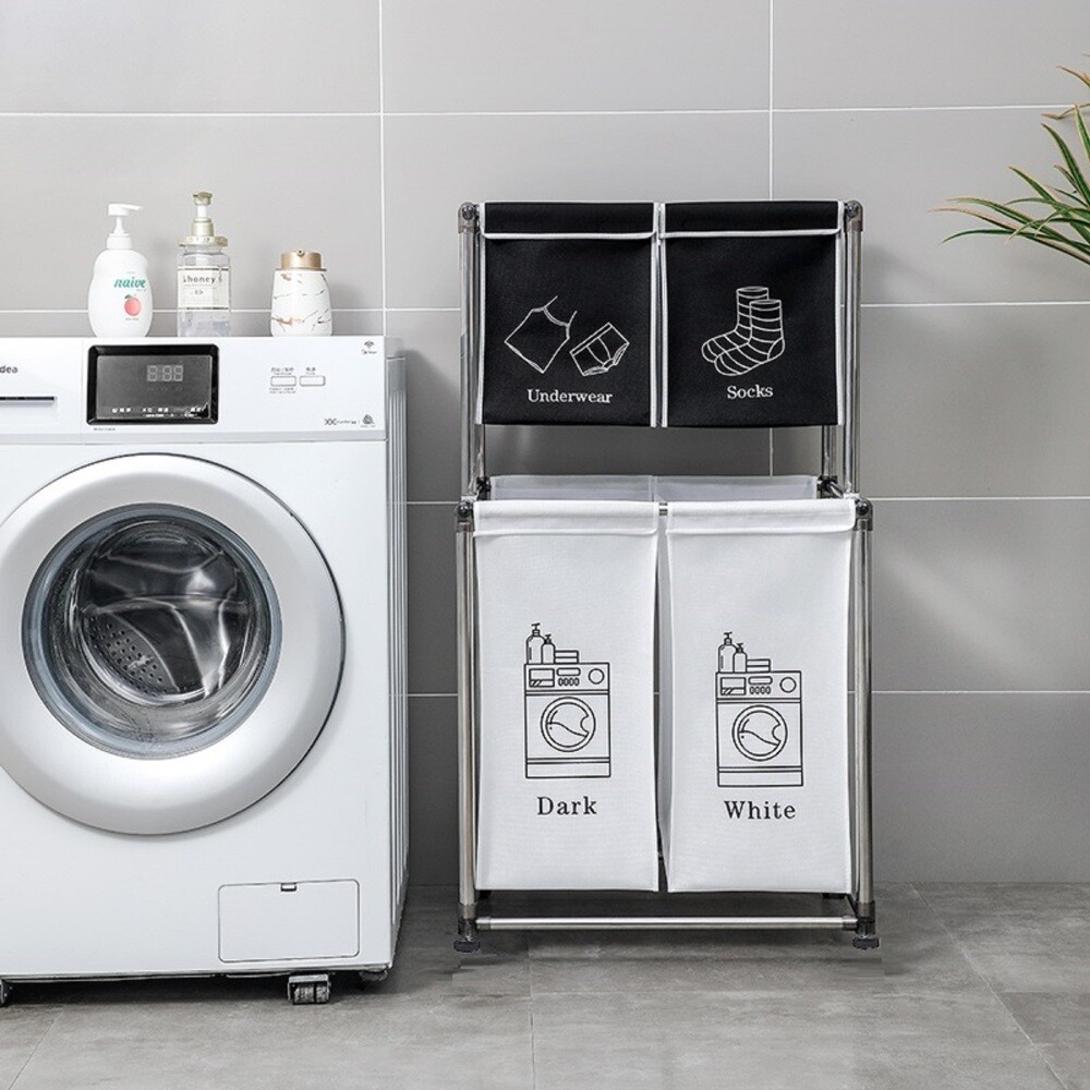 2 Tier Laundry Sorting Basket with 4 Removable Pouches for Organizer