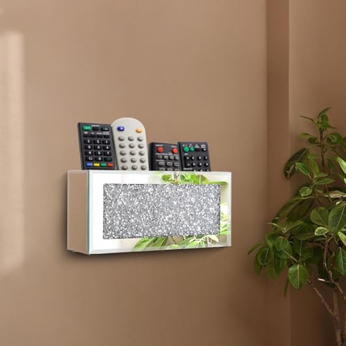 Mirrored Remote Control Holder Wall Mount Crush Diamond Remote Silver