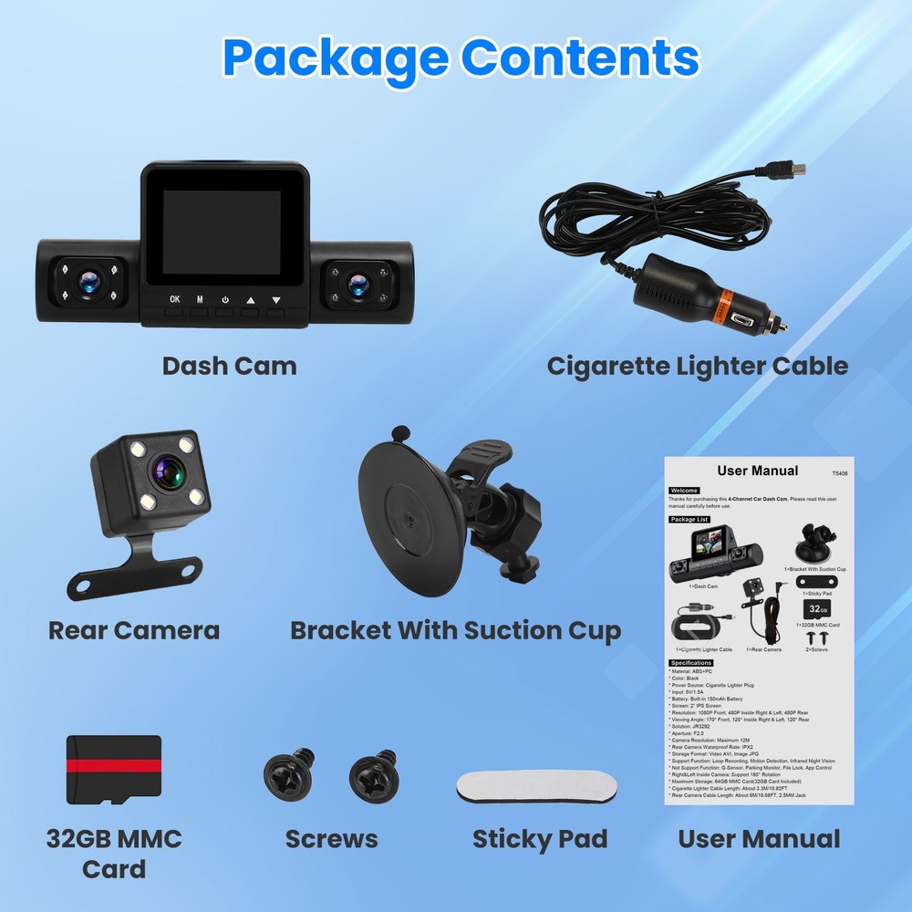 1080P Front And 480P Rear 4 Channel Dash Camera With Loop Recording Features