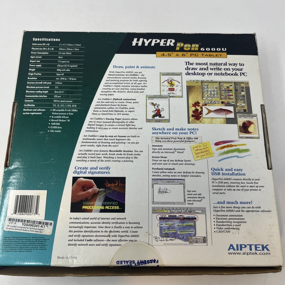AIPTEK HYPER PEN 6000U 6" x 4.5” Cordless PC Tablet