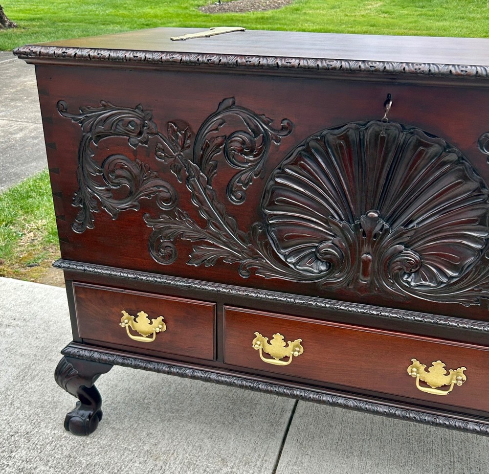 Antique Solid Mahogany Shell Carved Claw Foot Centennial Blanket Chest