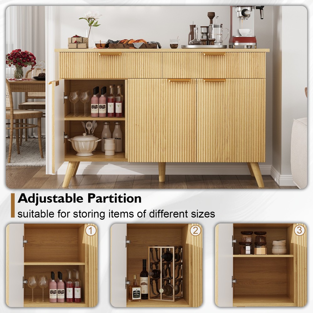 Kitchen Storage Cabinet with Drawers and Doors, Modern Fluted Sideboard Buffet