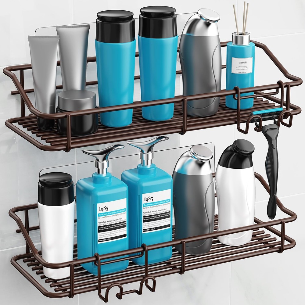 2 Pack Wall Mounted Bathroom Shelf With Hooks Damage Free Installation Brown ...