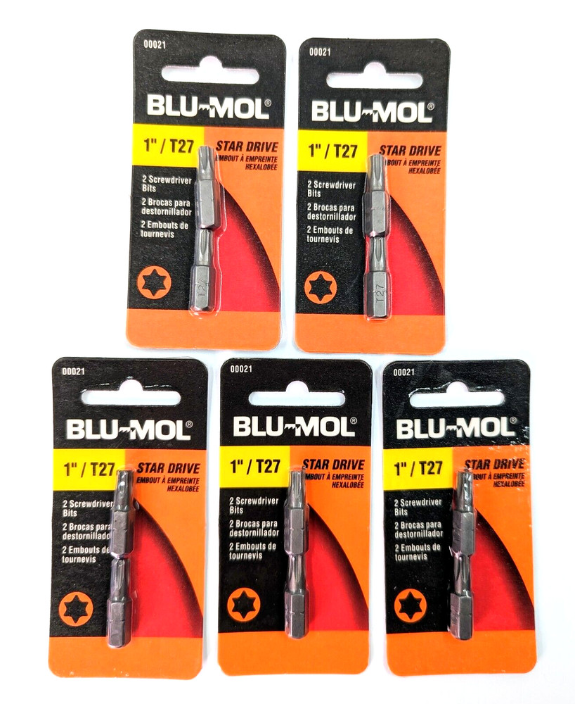 5 Packs (10 Bits) T27 x 1” Blu-Mol Star Torx Driver Insert Bits, ¼” Shank