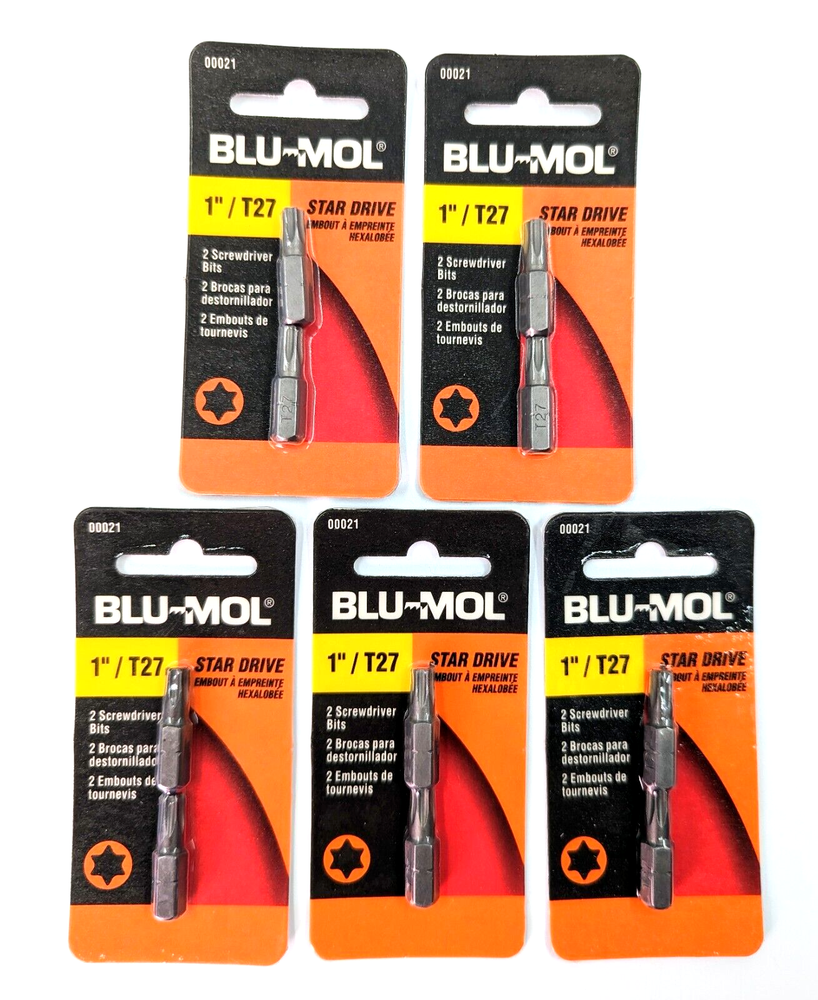 5 Packs (10 Bits) T27 x 1” Blu-Mol Star Torx Driver Insert Bits, ¼” Shank