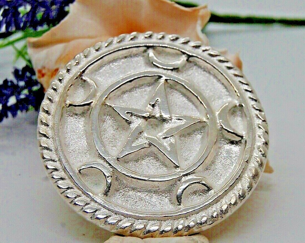 Pentagram Crescent Moon Altar Tile Silver Plated - Solid Brass 3" Wicca. Witch