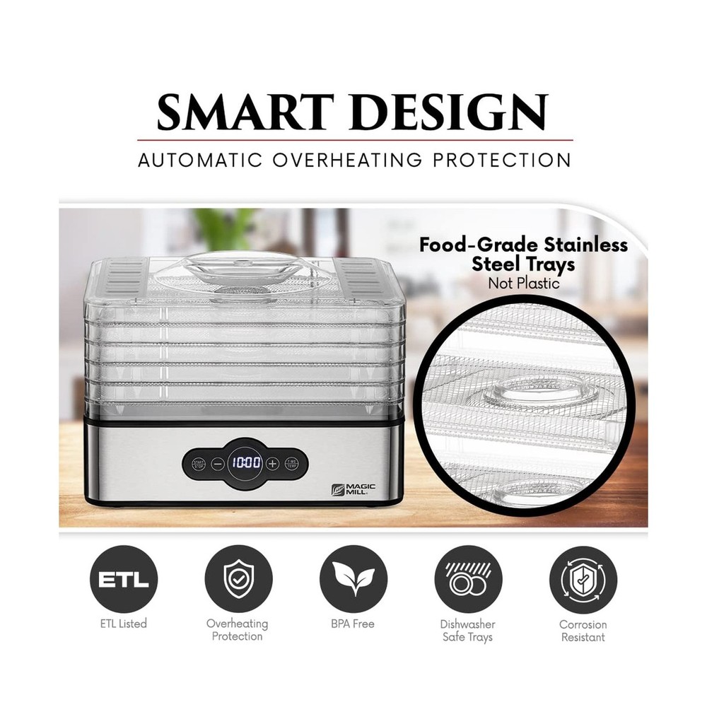Magic Mill Food Dehydrator Machine | 5 Stackable Stainless Steel Tr... Fast Ship
