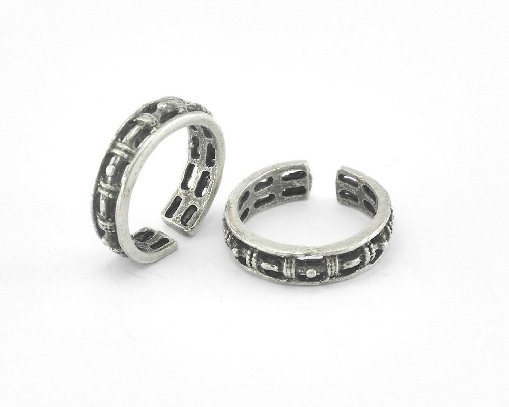 Minimalist Band Textured Adjustable Ring Antique Silver Plated Brass  7US 3862