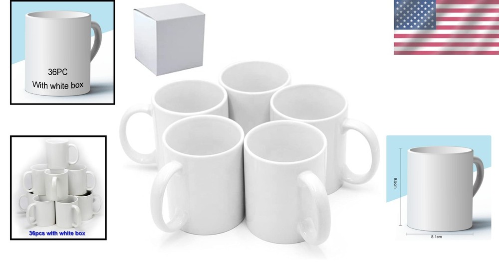 11oz White Blank Sublimation Cups - Bulk 36 Ceramic Mugs for Personalization