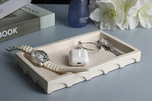 Decorative Tray with Semi-Circular Pattern Edge,Rectangular Concrete Beige