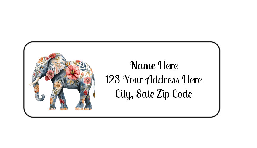 30 Floral Elephant PERSONALIZED RETURN ADDRESS LABELS 1 in X 2 5/8 GLOSSY