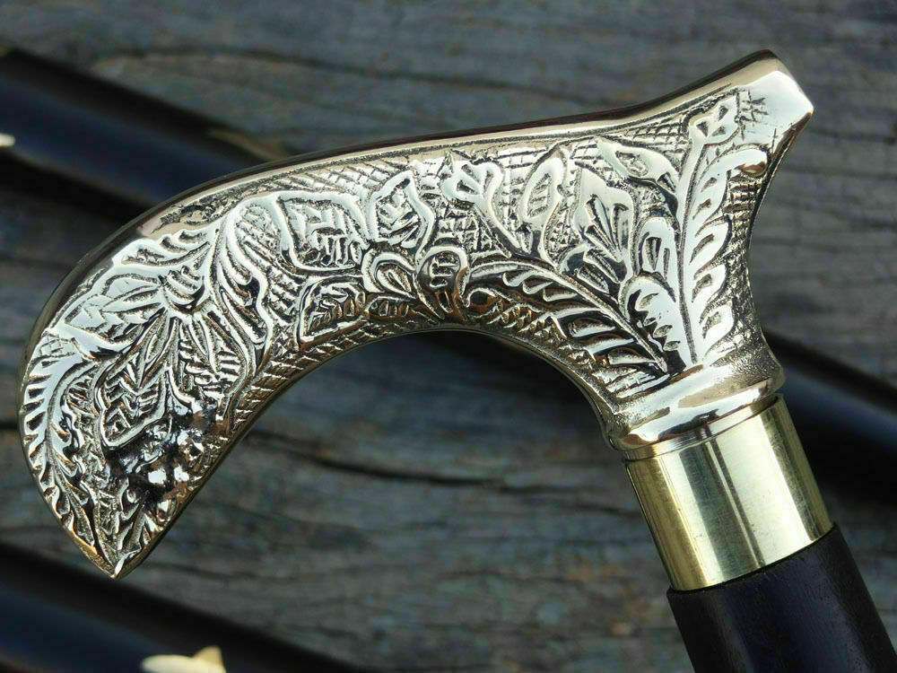 Antique Engraved Designer Wooden Walking Stick Vintage Brass Handle Solid Cane
