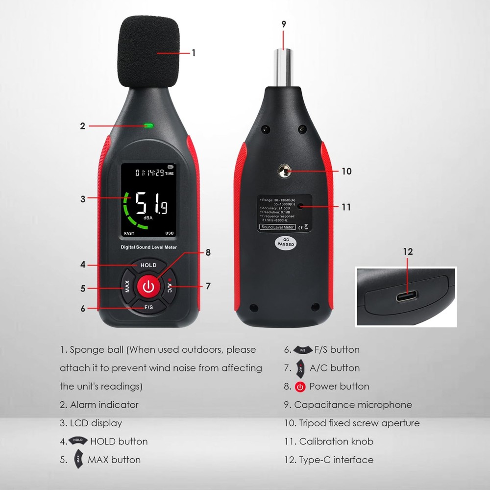 Decibel Meter Data Logger, Digital Sound Level Meter with Recording, dB Meter...