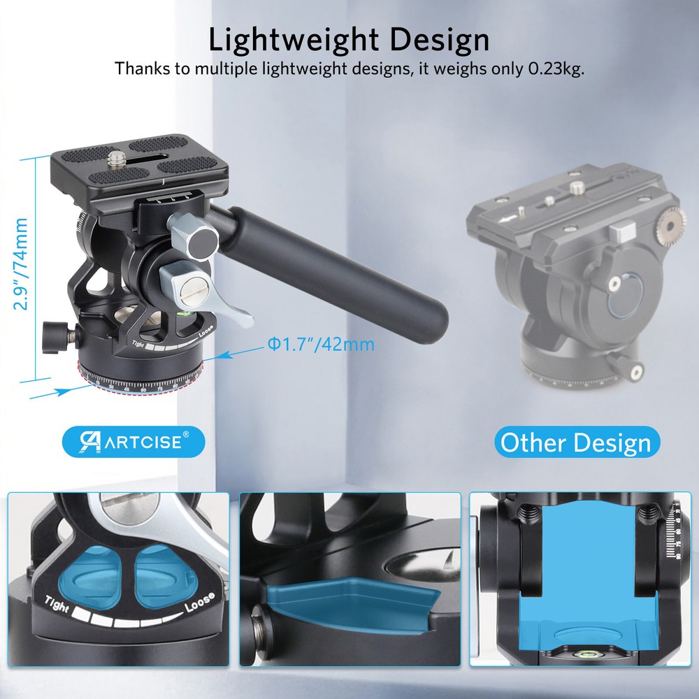 Tripod Head Fluid Head Compact Video Head Pan Tilt Head W/ Arca-Type Plate