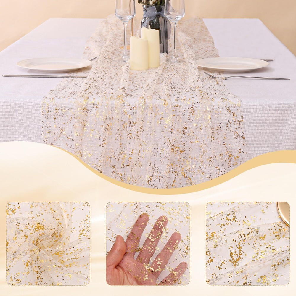 3PCS Gold Table Runner 10Ft Gold Sheer Table Runner Chiffon Fabric Cheeseclot...