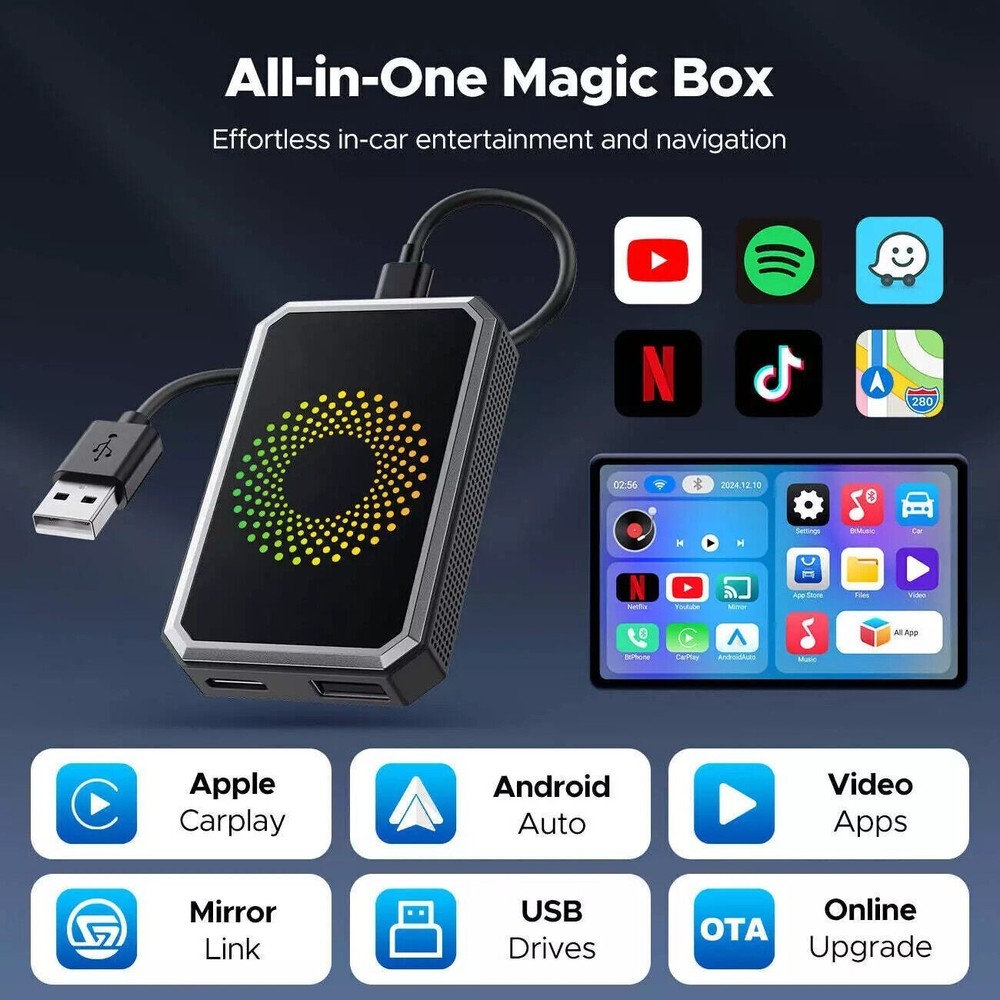 Wireless Carplay Android Auto AI Box Android 12 Netflix YouTube WiFi Adapter