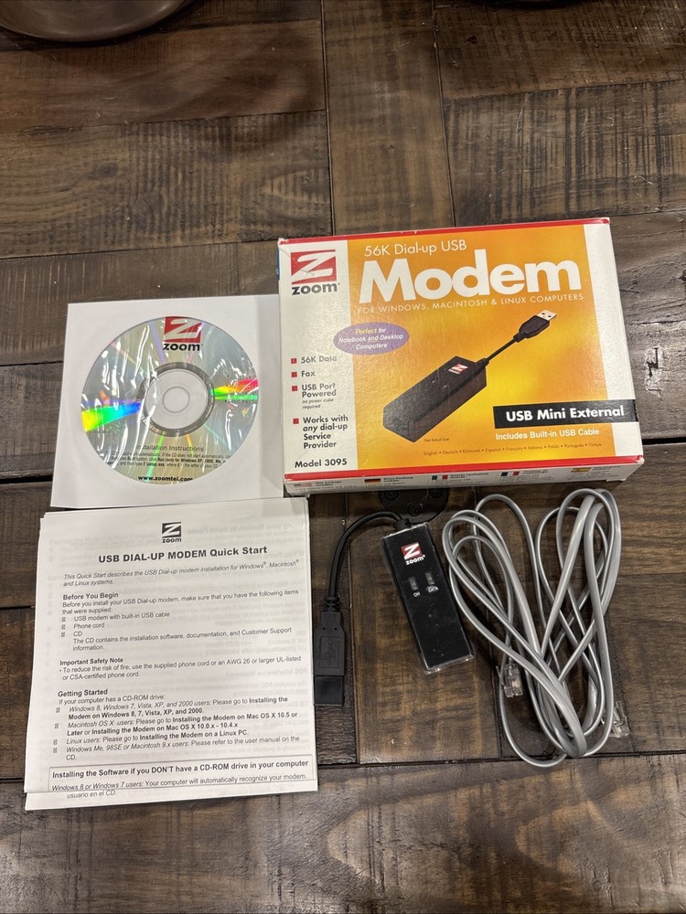 Zoom Model 3095 USB Modem 56K V.92 Data Fax Dial-Up Windows Macintosh Linux