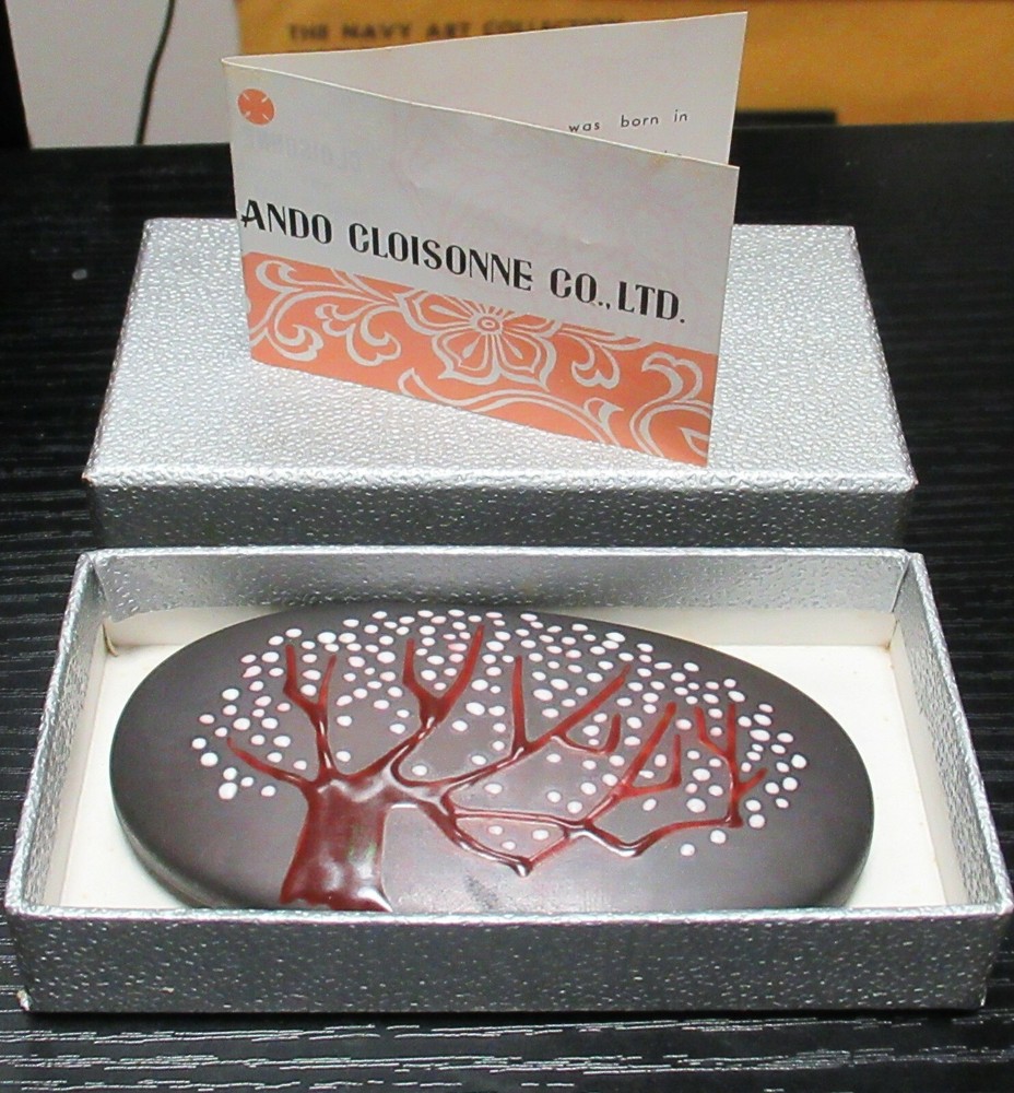 ANDO REPOUSSE CLOISONNE COPPER TREE DESIGN ENAMEL BOX WITH ANDO LABEL