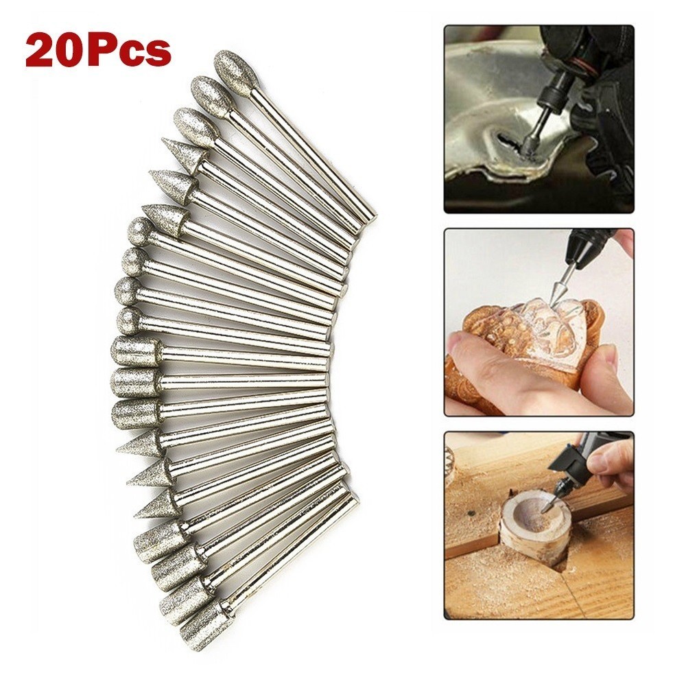 Efficient 3mm Shank Diamond Burr Set Drill Bits 20pcs for Precise Grinding