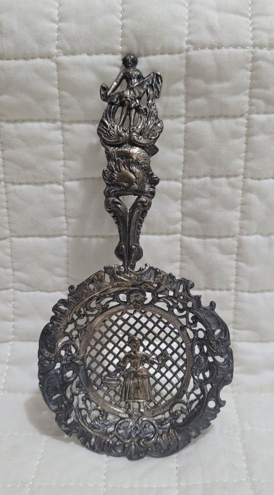 Antique Decorative Figural Tea Strainer German Hanau Silver 800 Hallmarks