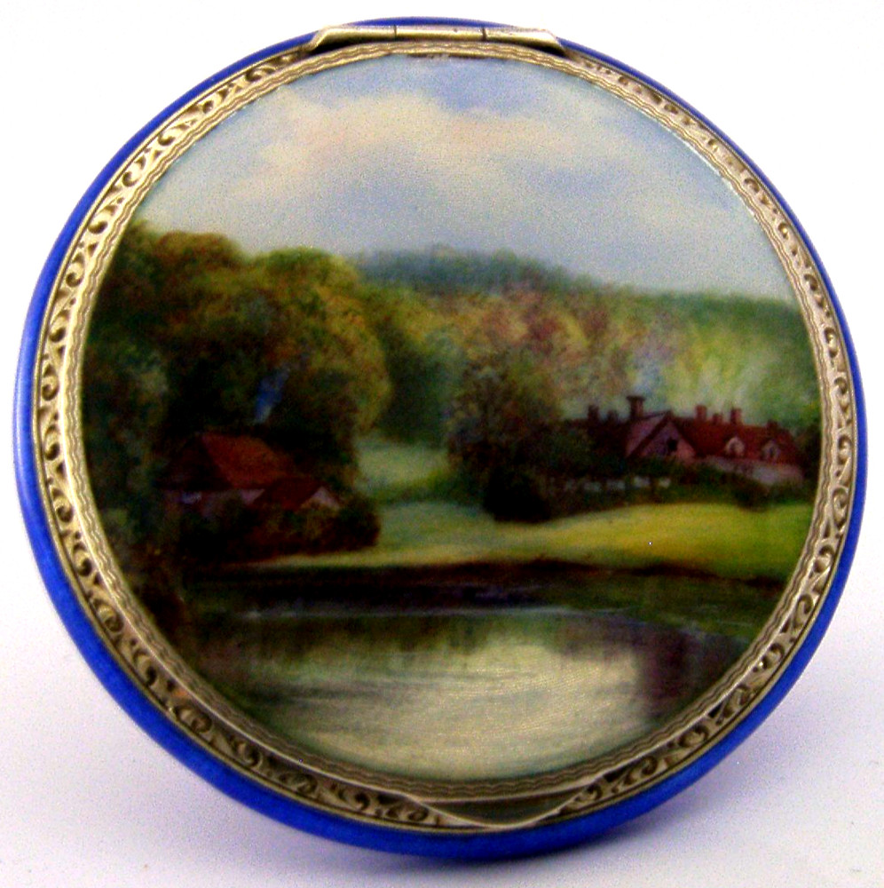 BEAUTIFUL SOLID STERLING SILVER ENAMEL COMPACT BOX 1927 ANTIQUE