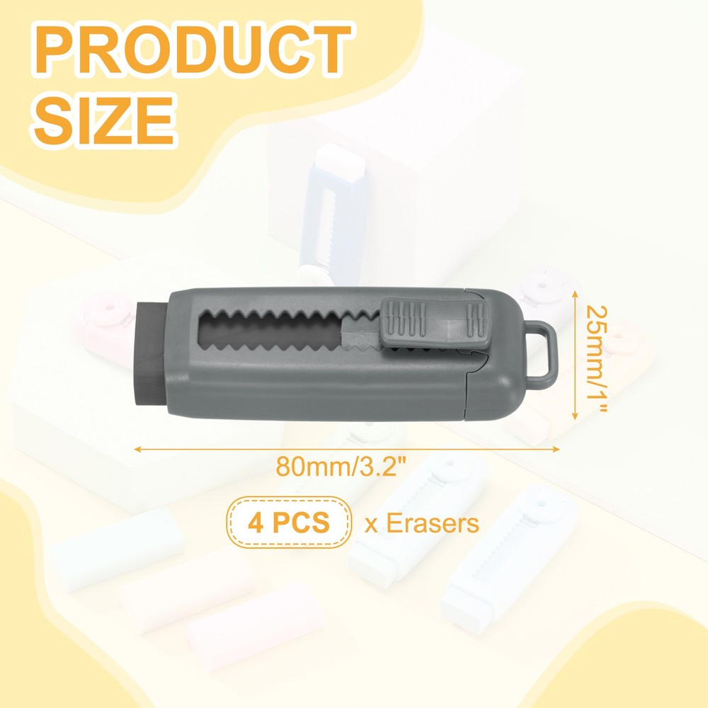 4Pack Erasers, Sliding Retractable Eraser Push Pull Cute Pencil Erasers, Gray