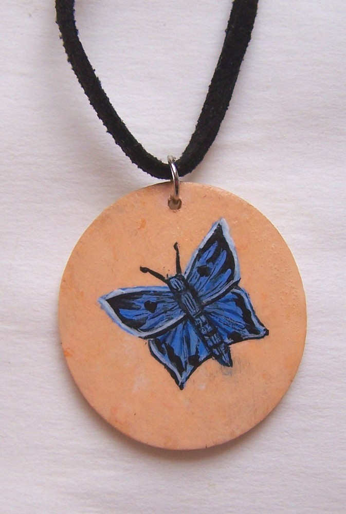 Handpainted Necklace with Blue Butterfly