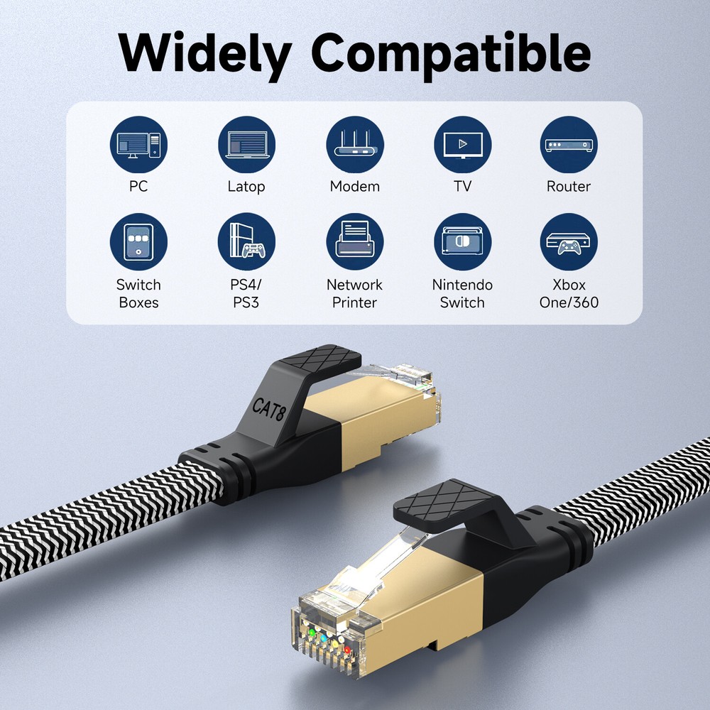 6FT-50FT flat Cat 8 Ethernet Cable Braided 40Gbps 2000Mhz CAT8 Network Cables