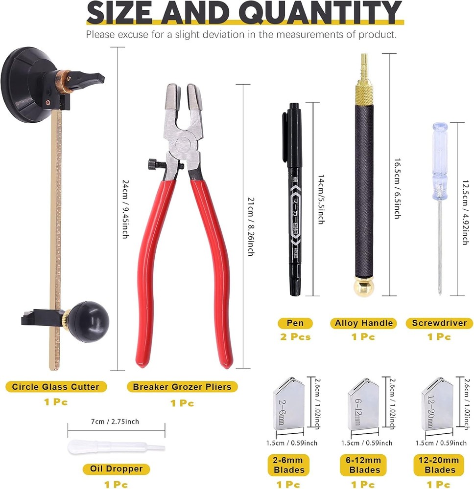 9 Pcs Glass Cutting Tool Set Kit Includes Adjustable Circular Cutter,...
