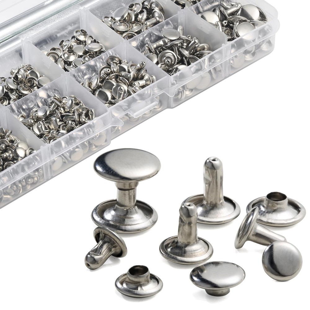 340 Sets Silver Double Cap Leather Rivets Kit Mixed Sizes with Crafting Tool