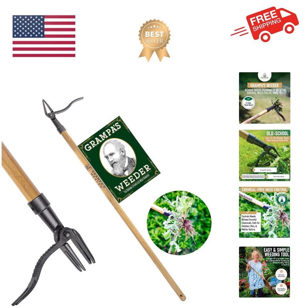 The  Stand Up Weed Puller Tool with Long Handle - Made with Real Bamboo & 4-C...