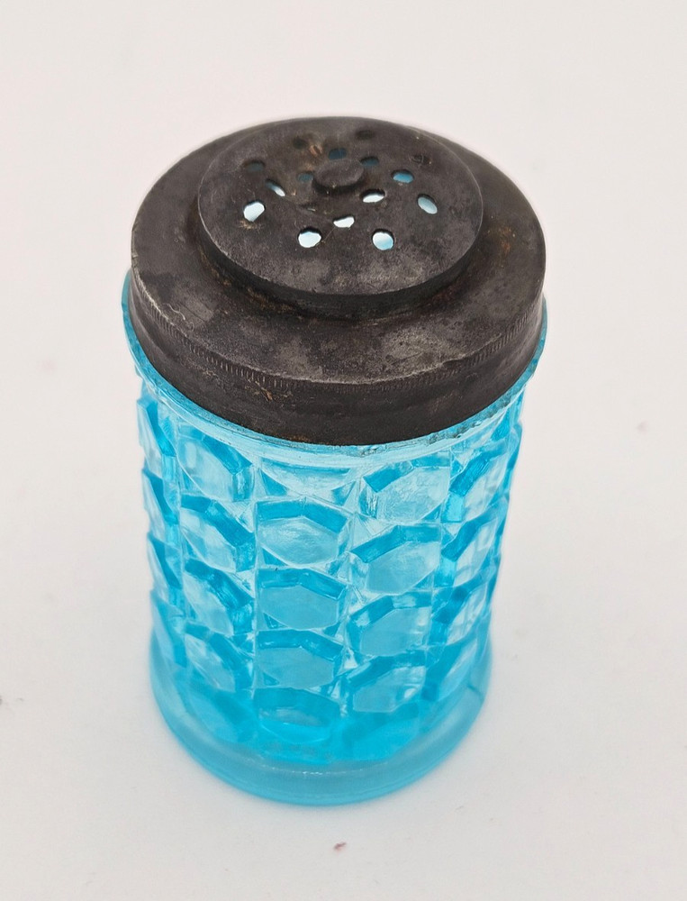 EAPG Blue Glass Salt Shaker Waffle Pattern