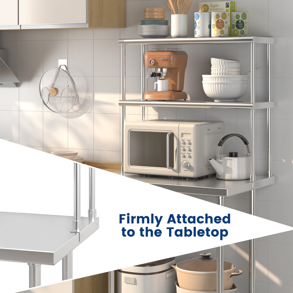 36" 2-Tier Overshelf for Prep & Worktable Stainless Steel Adjustable Lower Shelf