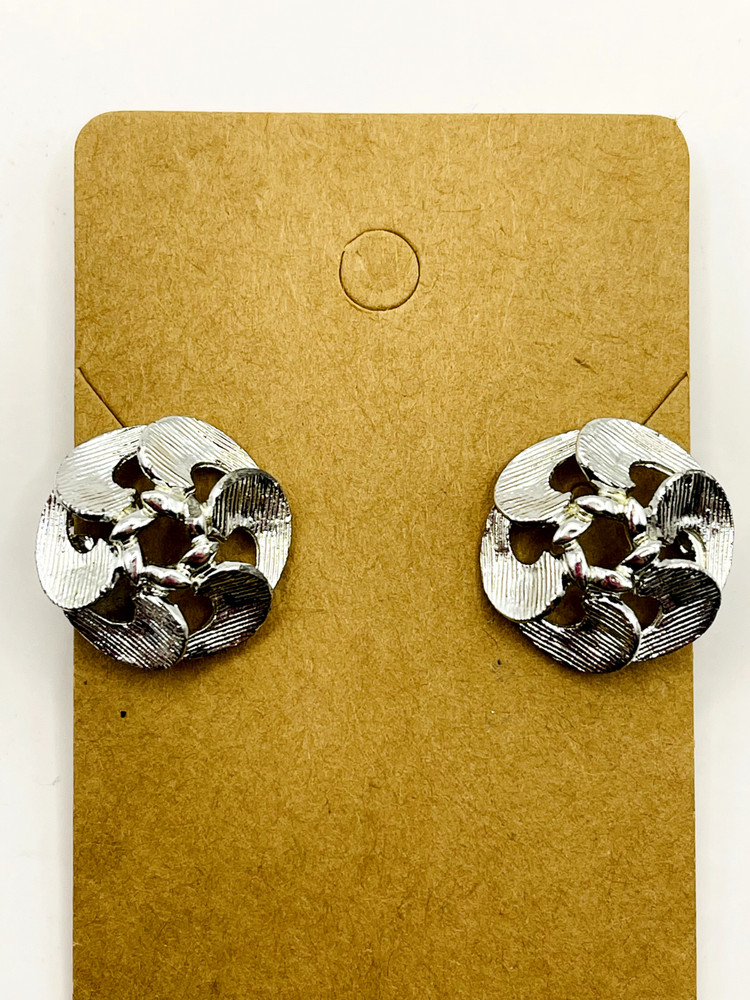Round Fan Silver Tone Clip On Earrings Flat Open Work Textured Interlock