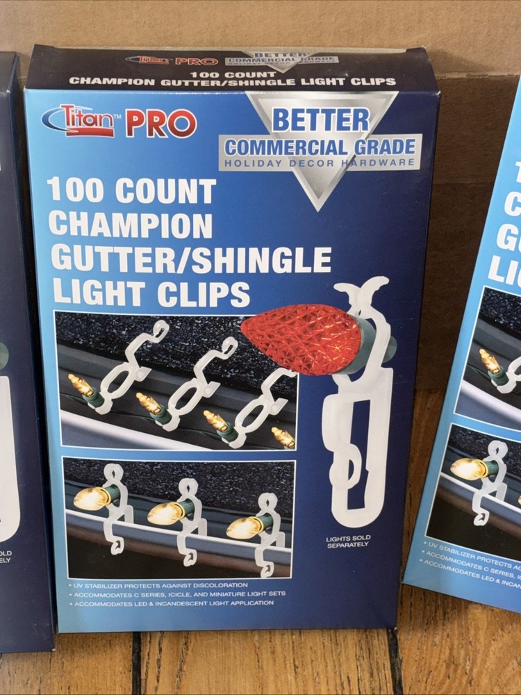 3 Boxes 100 Titan PRO Commercial Grade Dual-Direction Gutter/Shingle Light Clips
