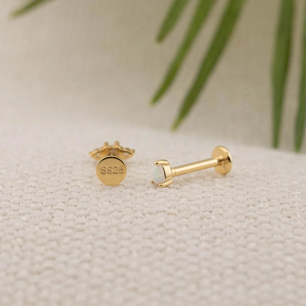 925 Solid Sterling Silver Tiny fire opal flat back studs 14K Gold Vermeil