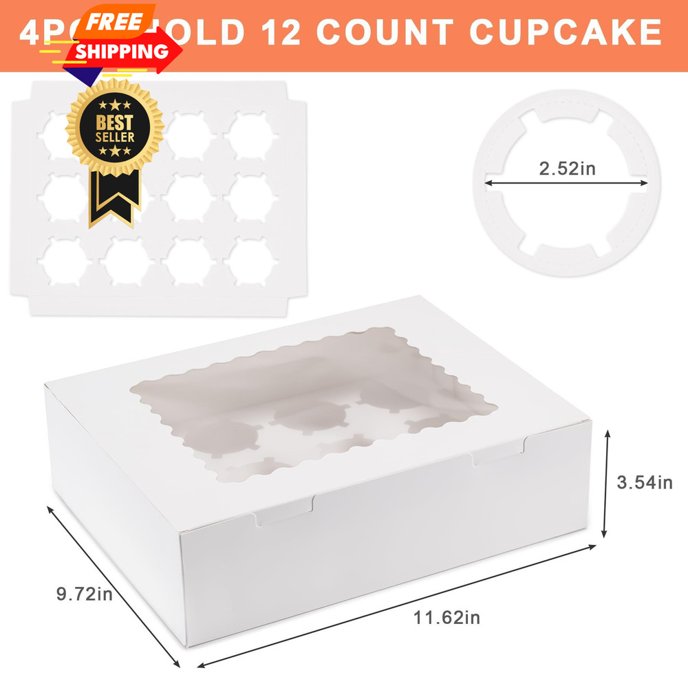 LingengDa 12 Count Cupcake Boxes, 4PCS Container with Window, White